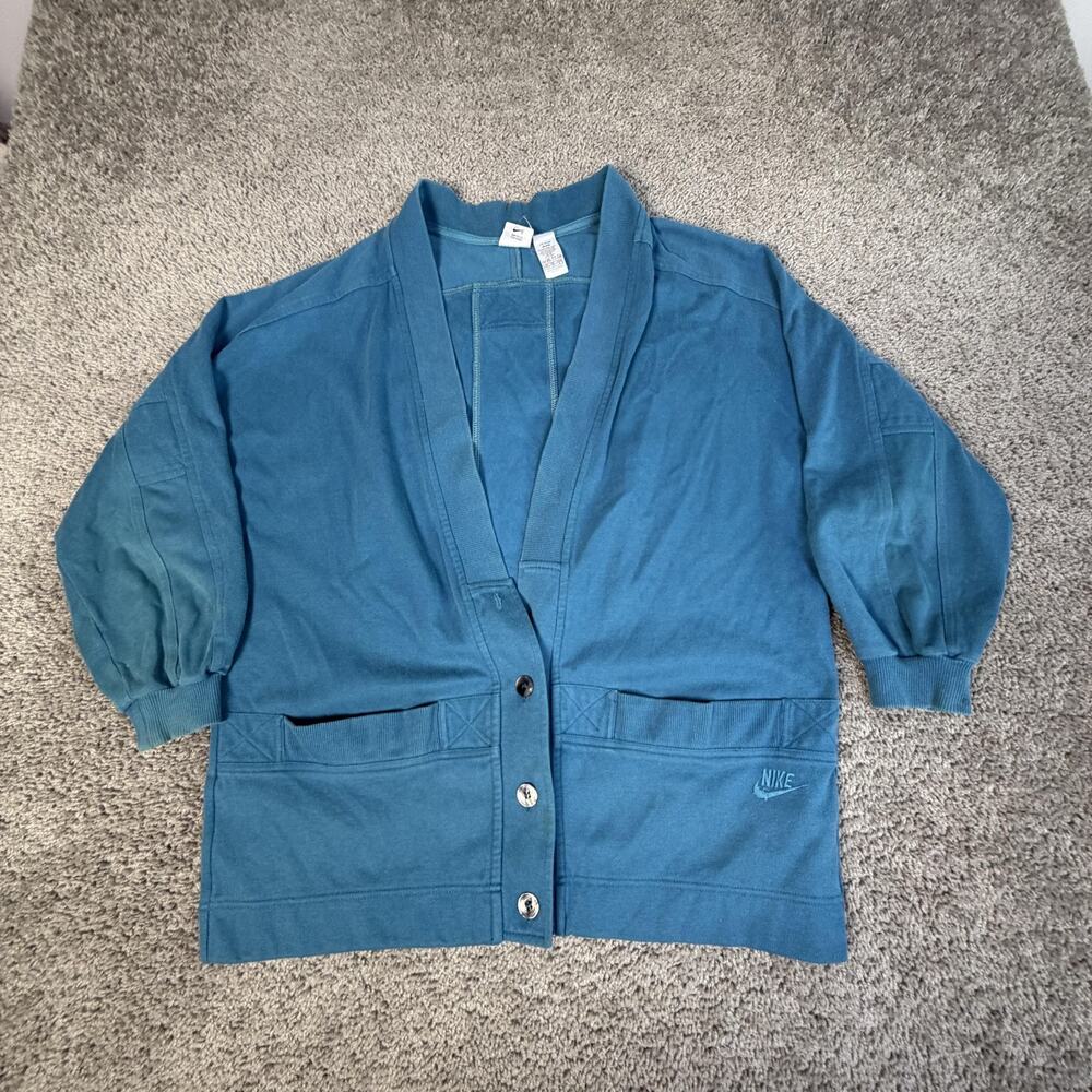 Vintage Nike Cardigan Sweater Womens M Blue 100% Cotton Balloon Sleeve Pockets